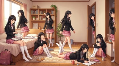 Anime dorm room illustration with the same girl character shown in multiple poses around a cozy student bedroom.