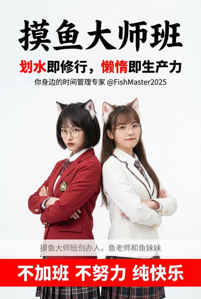 Two girls with cat ears wearing school blazers and glasses, posing back-to-back with crossed arms on a white background with Chinese text.