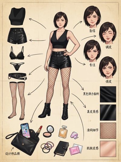 Character design reference sheet with stylized woman, black outfit pieces, accessories, face angles, and fabric swatches.