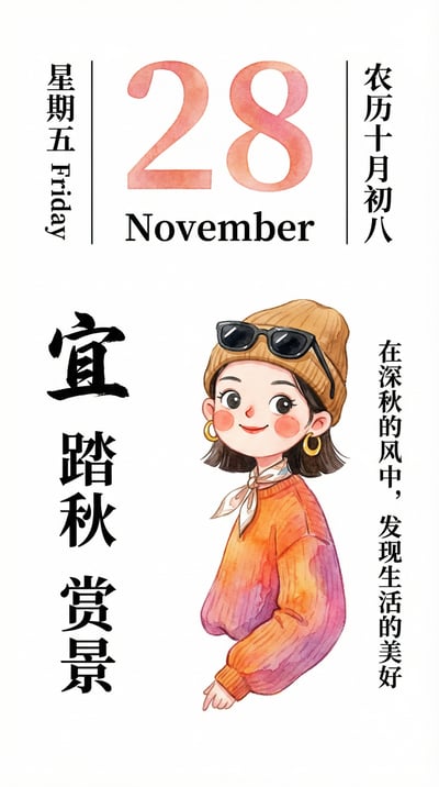 Vertical Chinese autumn calendar page with large November 28 date, lunar notes, autumn text, and a cute illustrated character.