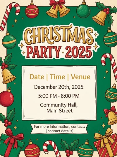 Christmas Party 2025 event poster with green border, ornaments, candy canes, bells, and date time venue details.
