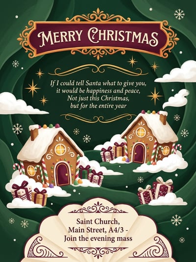 Christmas church event poster with gingerbread houses, snowy hills, ornaments, and service invitation text on a green background.
