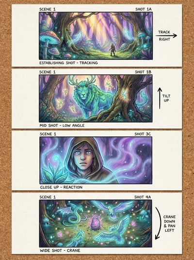 Storyboard sheet with three fantasy forest exploration panels, magical woodland scenes, arrows, and shot annotation notes.