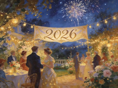 Impressionist 2026 celebration painting with couple, floral arch, fireworks, and warm garden lights.