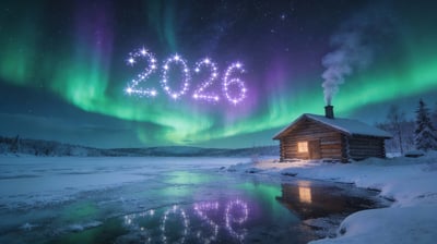 Winter cabin landscape under aurora borealis with snowy mountains, frozen water, and glowing 2026 numerals.