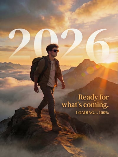 Adventure 2026 motivational poster with hiker on rocky peak, glowing numerals, and sunset clouds.