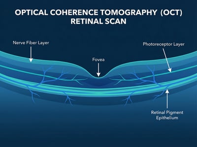 OCT retinal scan medical diagram with labeled nerve fiber layer, fovea, photoreceptor layer, and retinal pigment epithelium.