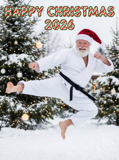 Christmas 2026 greeting poster with martial artist jumping in snow wearing a white uniform.