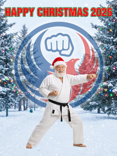 Christmas 2026 karate greeting card with martial artist pose, fist emblem, snowy trees, and red title text.