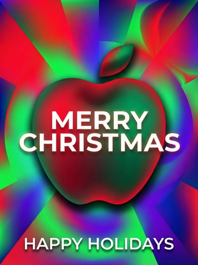 Colorful Merry Christmas poster with apple-shaped centerpiece, rainbow gradient background, and Happy Holidays text.