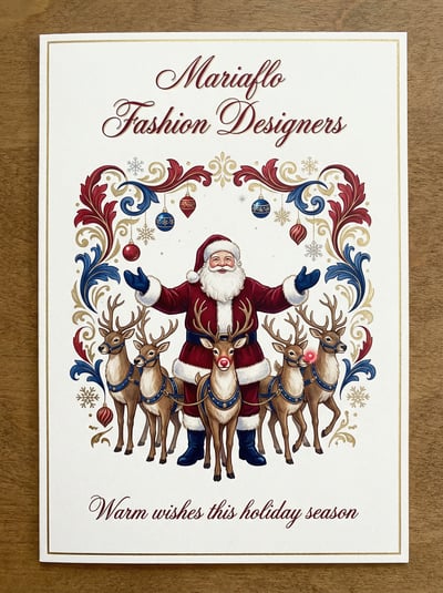 Elegant Christmas greeting card with Santa illustration, ornate blue-red floral frame, and cream paper.