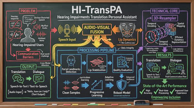 Detailed blackboard diagram for AI hearing aid assistant with modules, feature pipeline, training strategy, and charts.