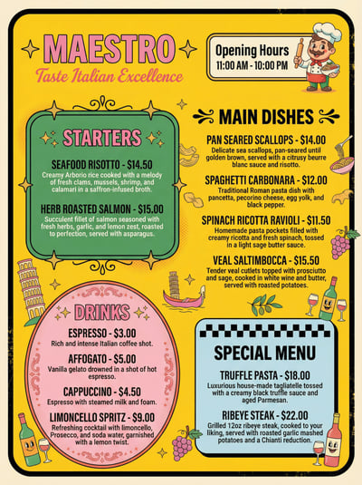 Colorful Italian restaurant menu flyer with yellow background, Maestro title, food sections, prices, and special menu blocks.