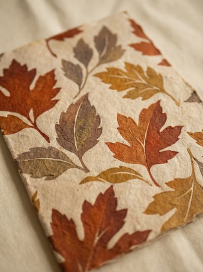 Rustic gift wrap pattern with autumn maple leaves in warm brown and orange tones.