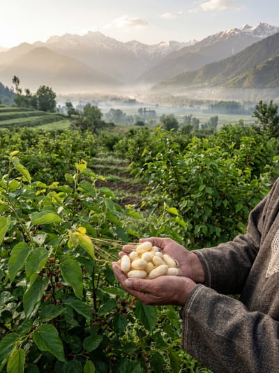 Farmer holding freshly harvested potatoes in a green field with mountains and morning mist.