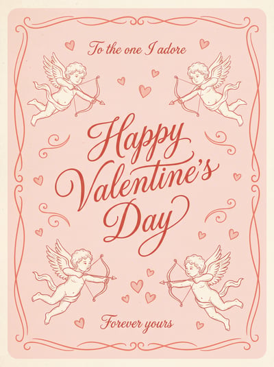 Vintage Valentine greeting card with pink ornate border, doves, hearts, floral line art, and script lettering.