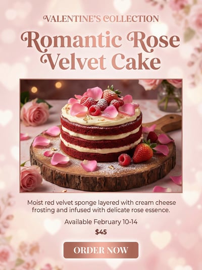 Valentine bakery poster for romantic rose velvet cake with pink hearts, price, and order button.