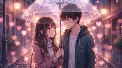 Anime couple standing under a transparent umbrella on a rainy neon-lit street with heart bokeh.