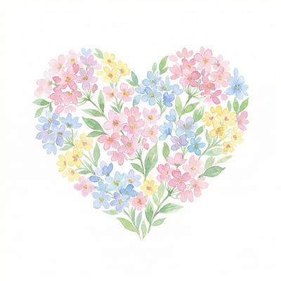 Watercolor heart illustration formed from colorful flowers and green leaves on a white background.