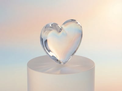 Translucent glass heart sculpture on a white pedestal with soft pastel lighting and reflections.