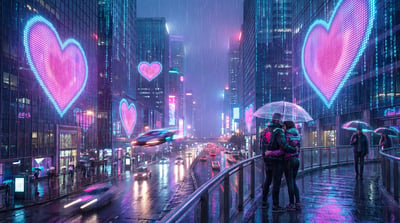 Futuristic rainy city street with neon heart billboards, umbrellas, and blue-pink wet reflections.