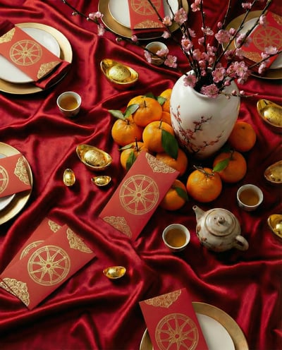 Festive red food packaging scene with patterned boxes, fruit, tableware, and decorative ribbons.