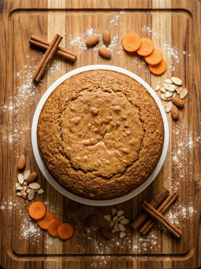 Overhead artisan bakery flat lay with round baked bread, flour dust, cinnamon sticks, almonds, and wooden board.