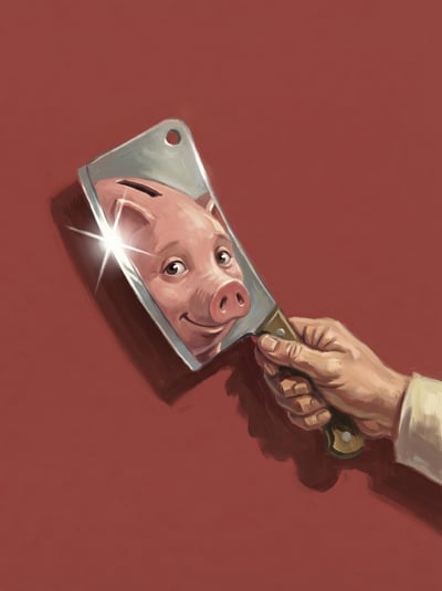 Surreal oil painting of a hand holding a reflective object with a face against a muted red background.