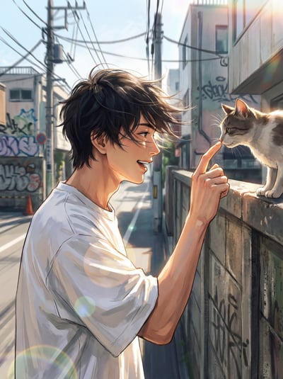 Anime-style urban street scene of a young man reaching toward a curious cat peeking over a wall.