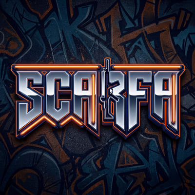 SCARFA street-style gaming logo with metallic lettering on a dark graffiti wall background.