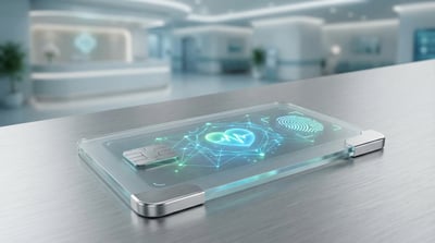 Futuristic digital health smart card mockup on a desk with glowing medical interface graphics.