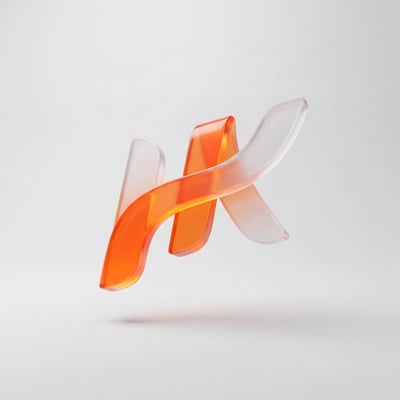 Minimalist abstract 3D ribbon logo with translucent shapes, orange accent stroke, and soft shadow on white.