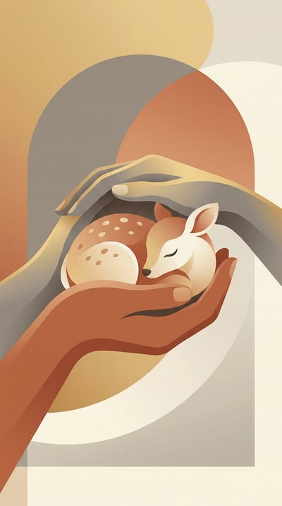 Minimalist illustration of hands gently holding a white rabbit against warm abstract geometric shapes.