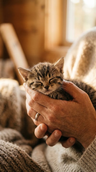 Close-up fine art photo of a relaxed cat resting in human hands with warm cozy lighting.