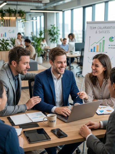 Corporate team meeting in a bright office with professionals discussing charts and reports around a table.