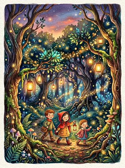 Whimsical enchanted forest illustration with glowing lights, flowers, winding tree branches, and a fairytale atmosphere.