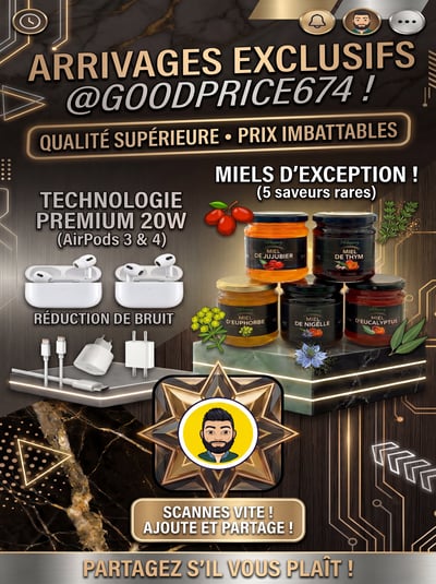 French honey product promotion flyer with dark premium background, honey jars, exclusive arrivals headline, offer badges, scan prompt, and warm gold retail accents.