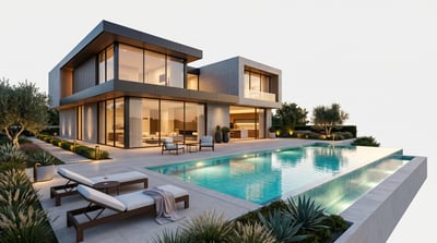 Modern luxury house rendering with infinity pool, glass walls, evening lighting, landscaped terrace, lounge chairs, and minimalist architecture.