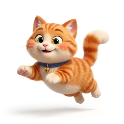 Cute stylized 3D orange cat mascot jumping on a white background with big green eyes, blue collar, gold bell, and playful expression.