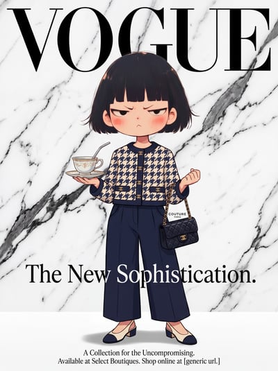 Anime-style luxury fashion magazine advertisement with black-bob character holding a handbag and drink, marble background, gold accents, and elegant editorial typography.