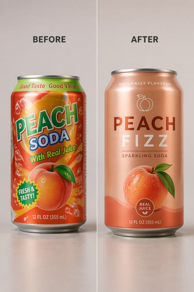 Before-and-after peach soda packaging redesign with a cluttered generic can on the left and a premium Peach Fizz can on the right under consistent studio lighting.