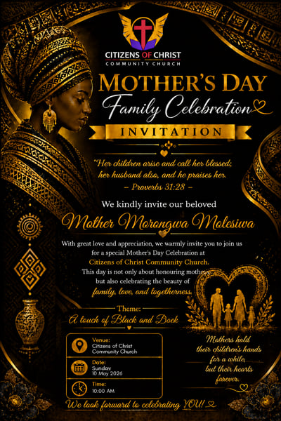 Black and gold Mother’s Day family celebration invitation with ornate African-inspired decorations, church event details, date, venue, and formal tribute text.