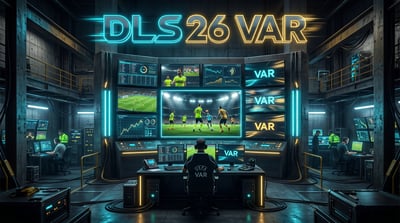 Wide Discord banner showing a football VAR control room with neon cyan and gold lights, monitor walls, match footage, and DLS 26 VAR text.