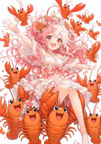 Pink-haired anime girl in a flower crown surrounded by smiling orange lobsters