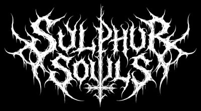 Intricate white death metal logo for Sulphur Souls on a black background with sharp, thorny lettering and a central inverted cross.