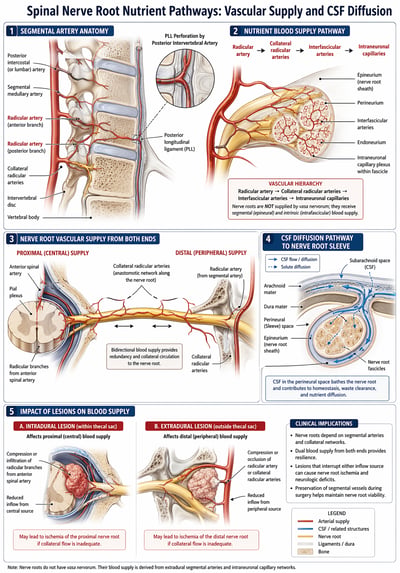 Medical infographic showing the vascular supply and CSF diffusion pathways of the spinal nerve root with detailed anatomical labels and cros