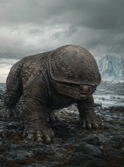 A massive, four-legged creature with a thick, rounded armored head and textured skin walking on a rocky beach with a glacier in the backgrou