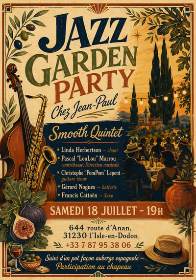 Vintage French Jazz Garden Party poster with large hand-lettered title, Chez Jean-Paul subtitle, saxophone and double bass illustrations, Smooth Quintet lineup, July 18 event date, French address, phone number, olive branches, figs, and Mediterranean garden scene.