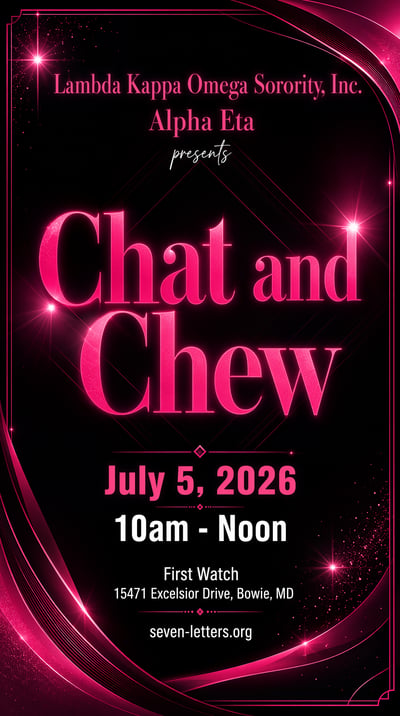 Vertical event flyer with a black background, hot pink glowing text reading 'Chat and Chew', magenta light flares, and elegant geometric acc