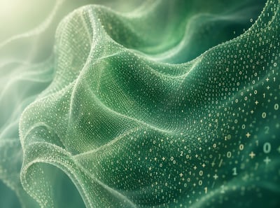 Flowing green fabric-like abstract artwork made from tiny numbers and mathematical symbols